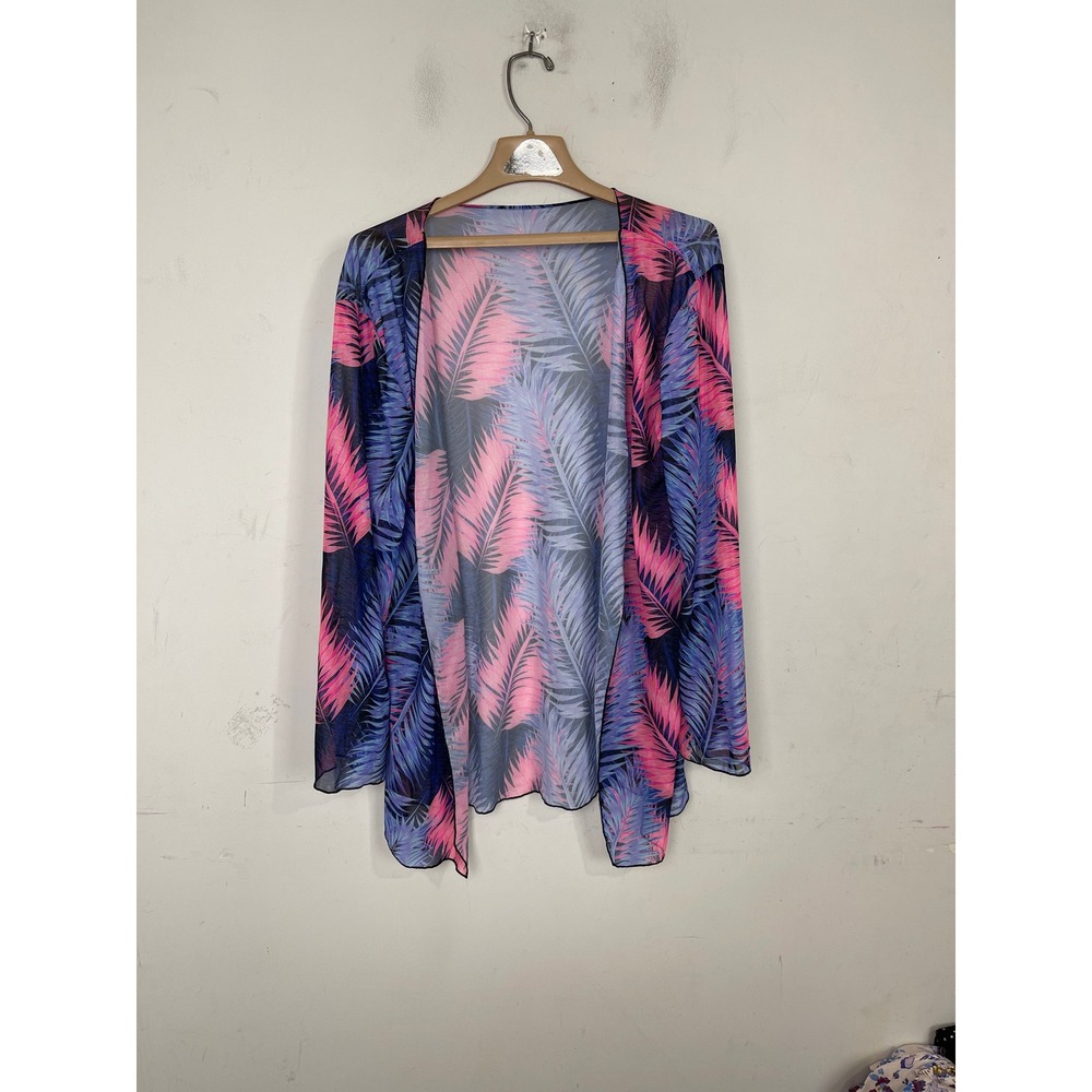 Tropical Palm Leaf Mesh Kimono Cardigan Pink Purple Blue Open Front Cover Up L - Picture 1 of 8